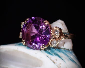 Vintage 10K Yellow Gold Synthetic Purple Sapphire & Diamond Statement Ring