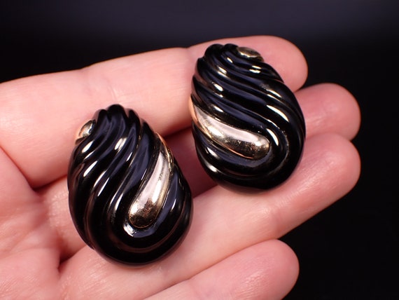 Art Deco Black Onyx Earrings 14k Omega French Cli… - image 2