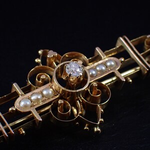 Antique Victorian 14K Yellow Gold Diamond & Seed Pearl Bar Brooch Pin Estate Piece