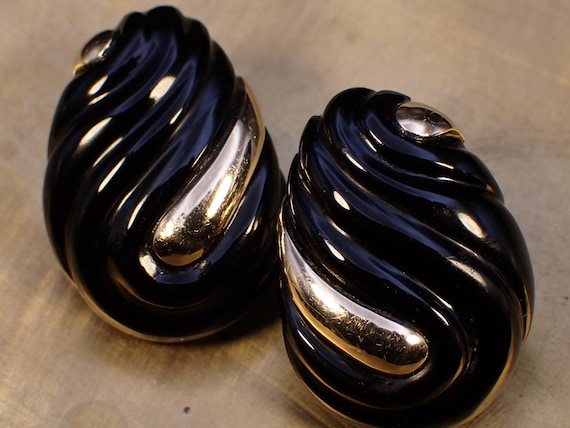 Art Deco Black Onyx Earrings 14k Omega French Cli… - image 1