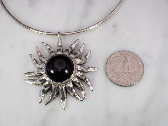 Vintage Sterling Silver Large Sun Shape Black Ony… - image 7