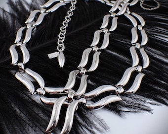 Designer Demi-Parure Monet Vintage Silver Tone Double Wave Link Necklace & Bracelet Set