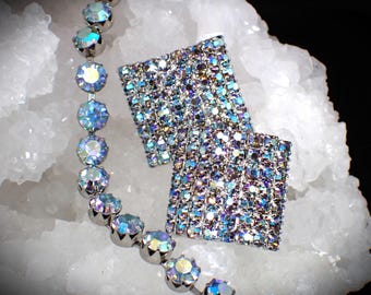 Parure vintage con bracciale e orecchini Aurora Borealis in strass, non firmati