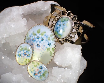 Demi-Parure Vintage Gold Tone handbemalte Porzellan Blumen Brosche Ohrclips Armband