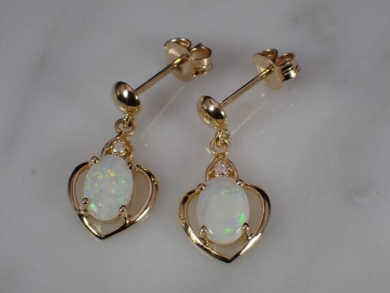 14K Yellow Gold Genuine Opal & Diamond Small Hear… - image 4