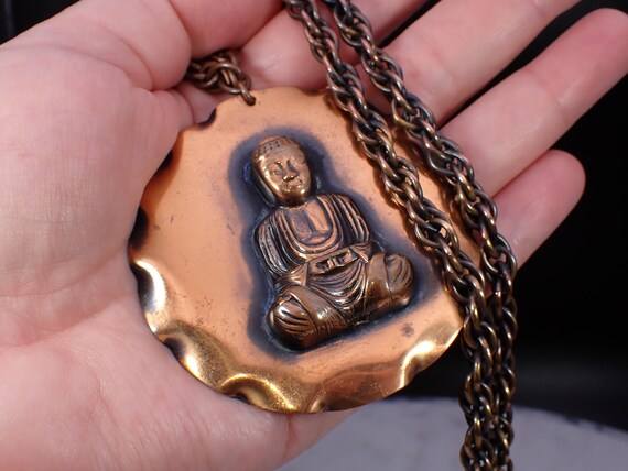 Vintage Mid Century Copper Buddha Medallion Penda… - image 2