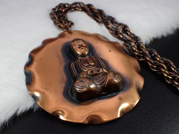 Vintage Mid Century Copper Buddha Medallion Penda… - image 9