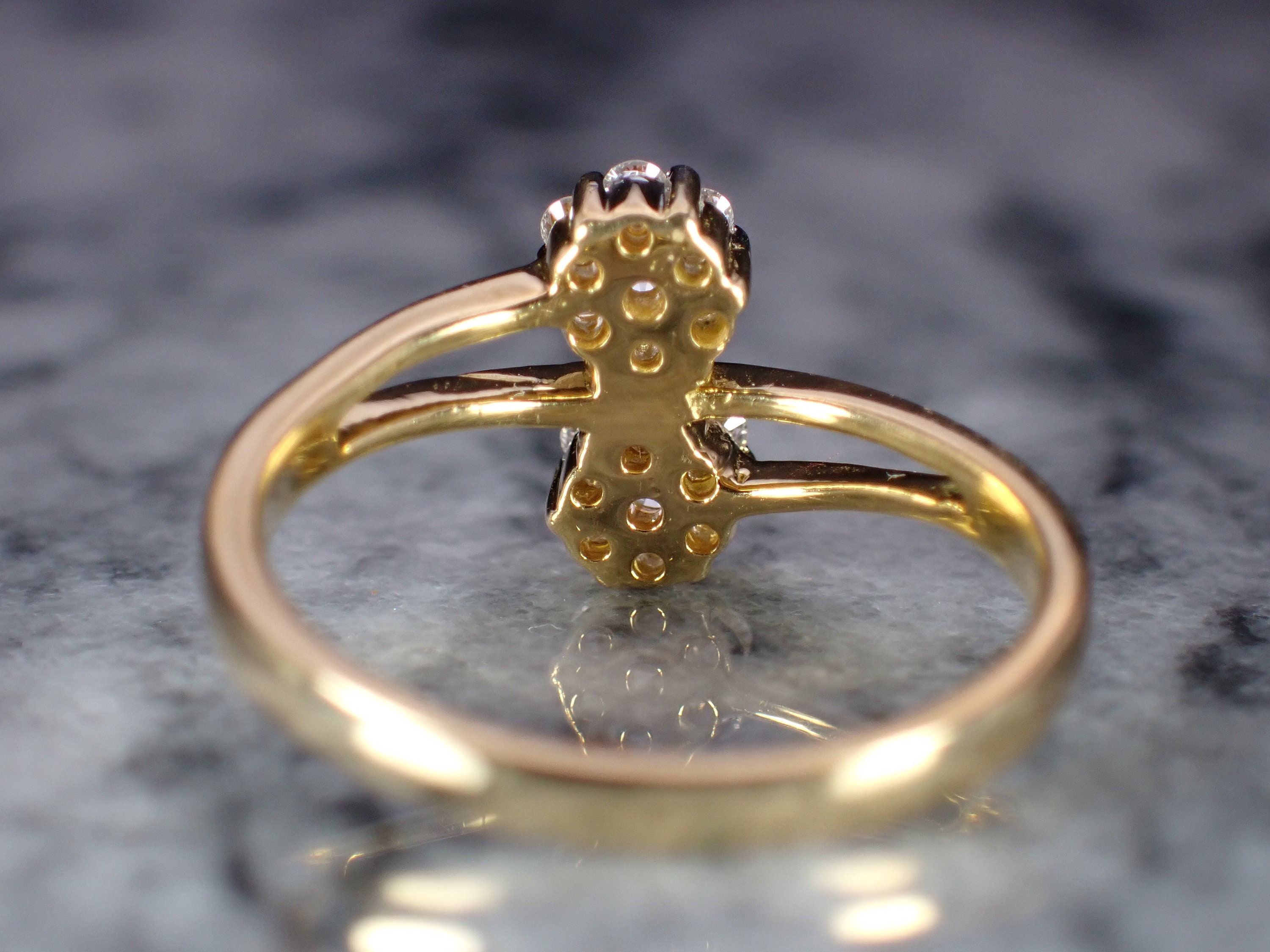 Floral Double Cluster Vintage 18K Yellow Gold Diamond Bypass Ring