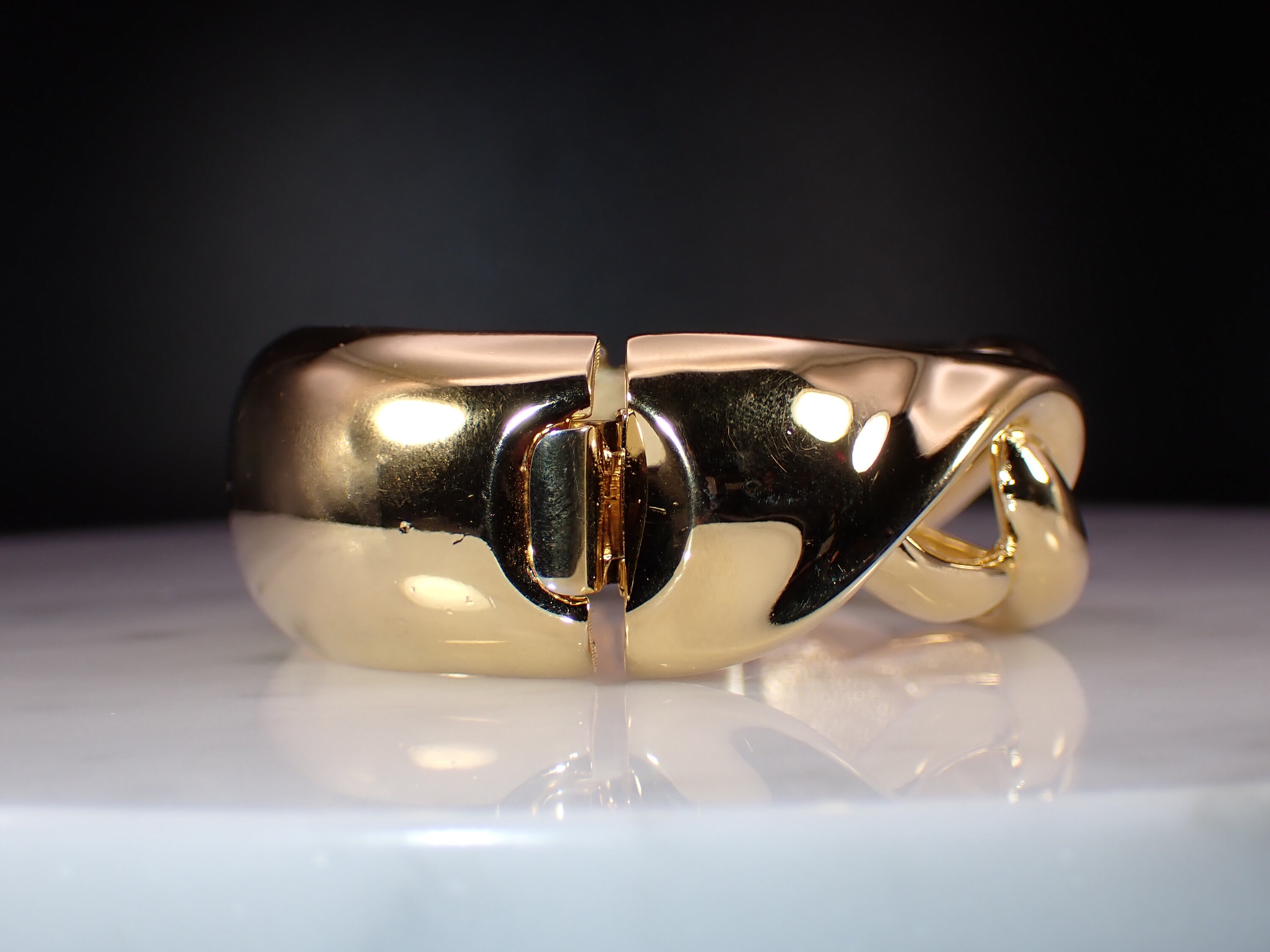 Retro Givenchy Glossy Gold Tone Hinged Love Knot Design Bangle