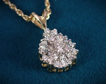 Vintage Small Tear Drop 10K Yellow Gold Diamond Cluster Pendant Necklace