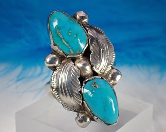 Simplicico Vintage Designer Sterling Silver Tribal Feather Design Turquoise Ring