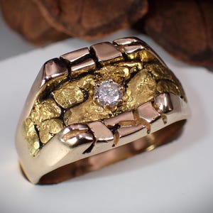 Vintage 14K Yellow Gold 20K Nugget & Diamond Mens Statement Ring