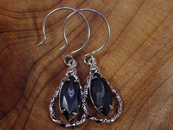 Vintage Sterling Silver & Marquise Hematite Drop … - image 1