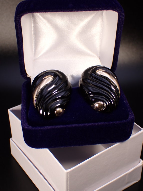 Art Deco Black Onyx Earrings 14k Omega French Cli… - image 4