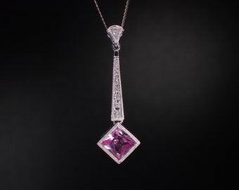 Vintage 14K White Gold Synthetic Pink Sapphire Pendant Necklace