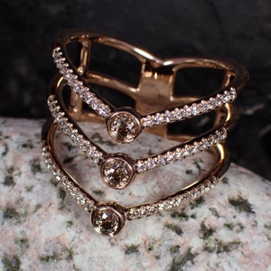 Designer "Crown of Light" Vintage 14K Rose Gold Triple Row Champagne Diamond Ring
