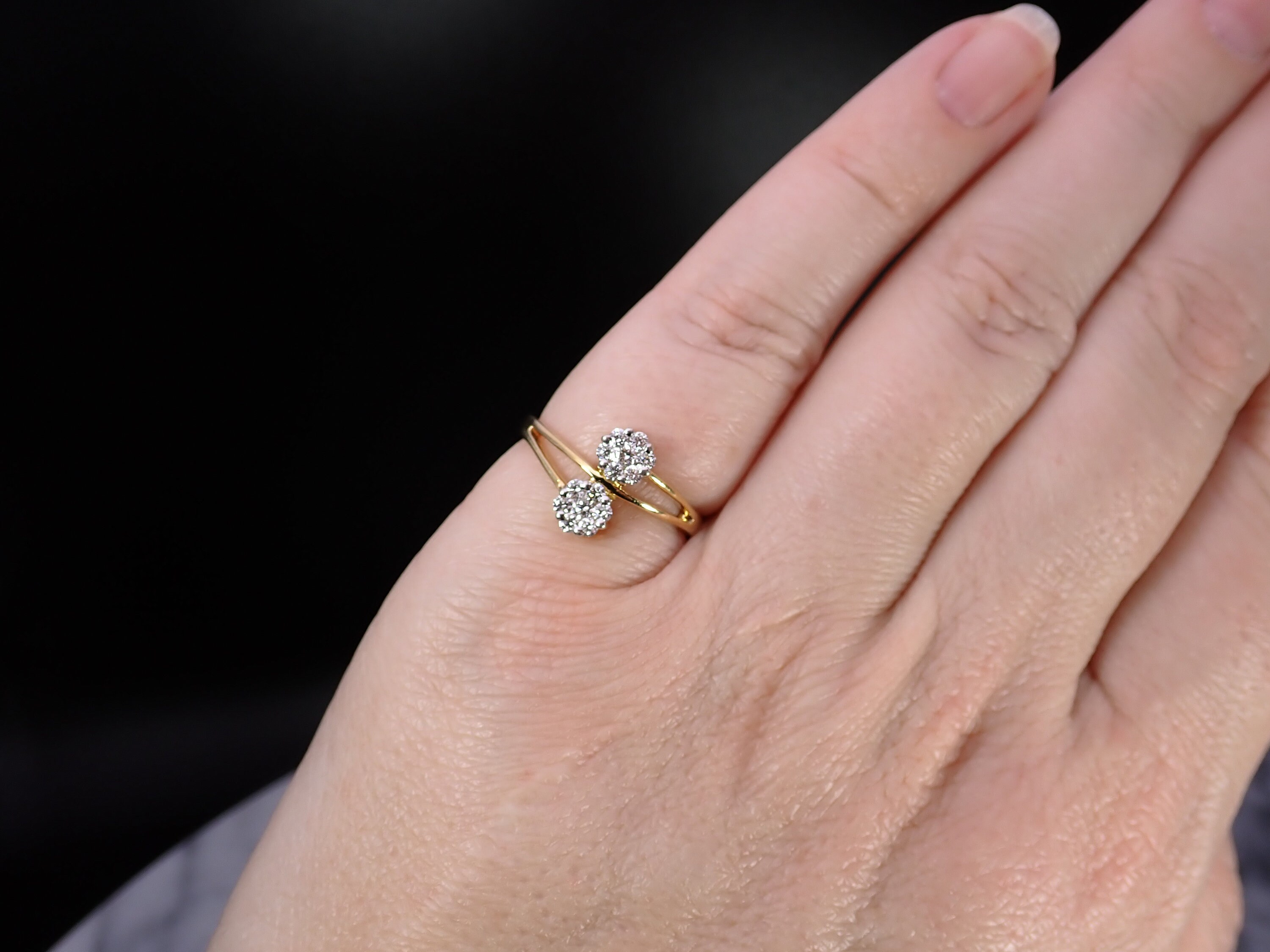 Floral Double Cluster Vintage 18K Yellow Gold Diamond Bypass Ring