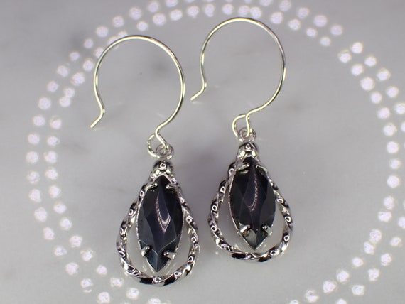 Vintage Sterling Silver & Marquise Hematite Drop … - image 4