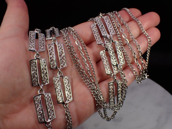 Unsigned Silver Tone Opera Length Double Strand F… - image 2