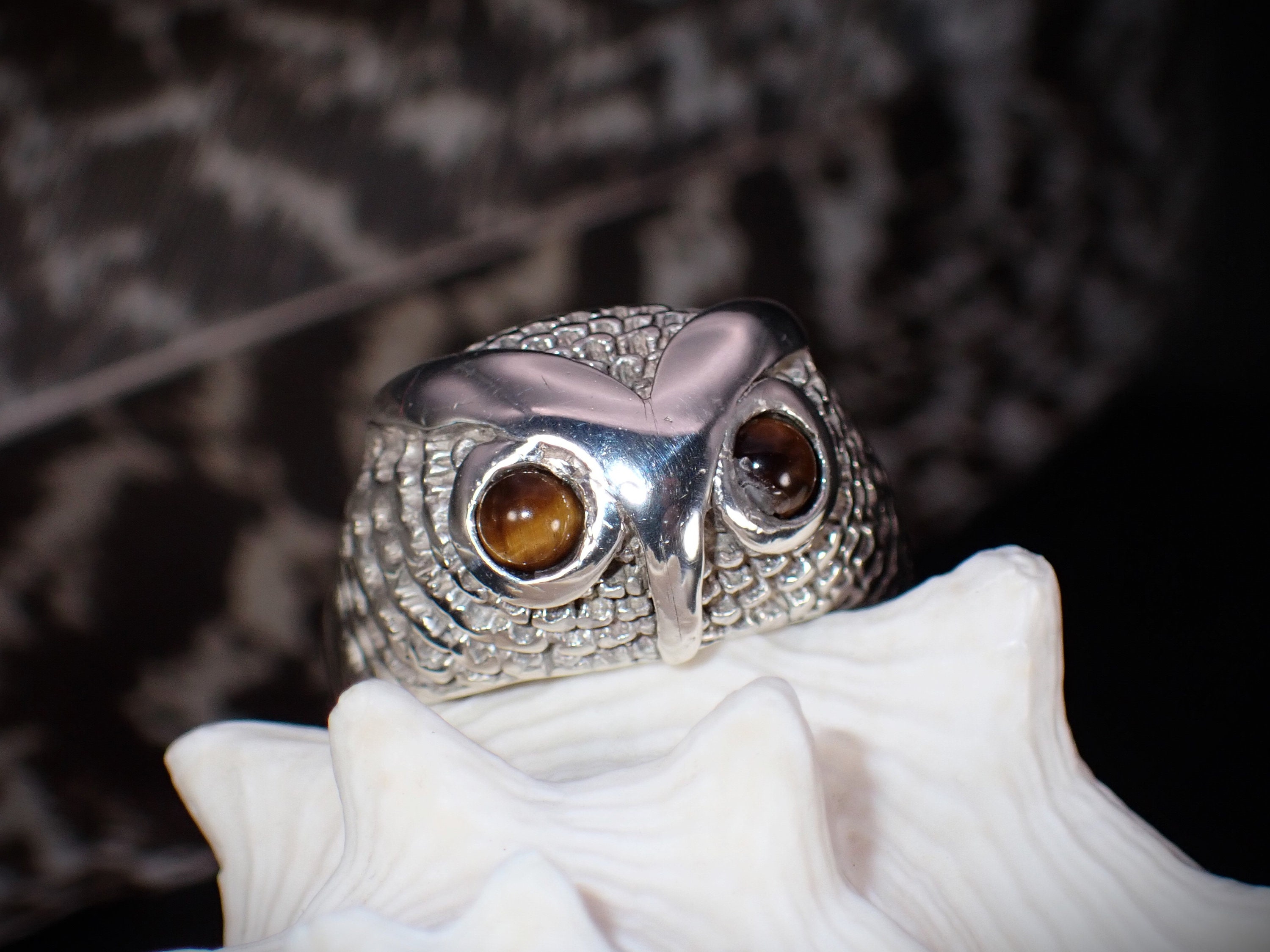 Tiger's Eye Vintage Artisan Sterling Silver Owl Statement Ring Critter