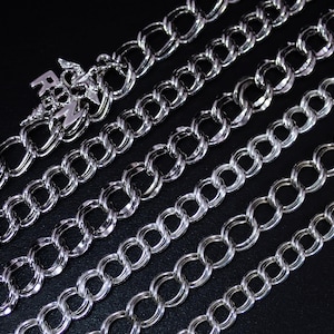 Vintage Sterling Silver Dubbellänkade Charm Armband Längd och Bredd Variation