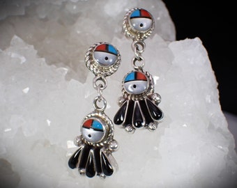 vintage Boucles d'oreilles pendantes pendantes Hopi, dieu du soleil, corail turquoise, vadrouille en argent sterling