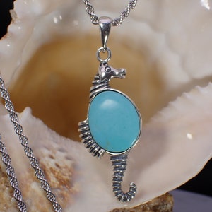 Oceanic Vintage Sterling Silver Faux Turquoise Seahorse Pendant Necklace