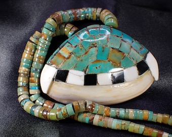 Santo Domingo Kewa Turquoise Heishi Chain Vintage Chunky Shell Pendant Necklace
