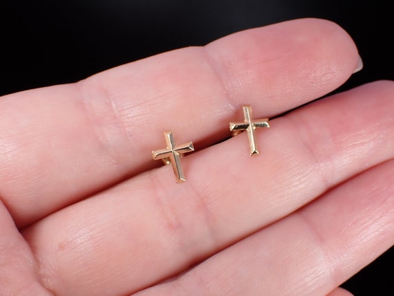 Vintage 14K Yellow Gold Tiny Cross Kids Stud Earr… - image 2