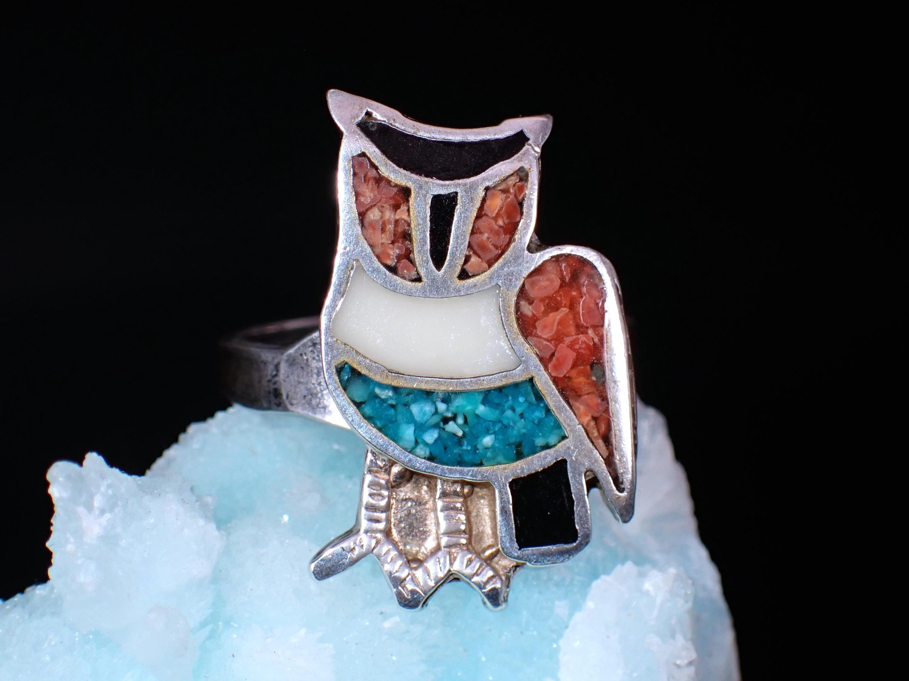 Mosaic Inlay Vintage Artisan Sterling Silver Owl Coral Turquoise Ring Critter Bird
