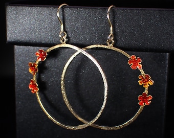 Vintage Gold Plated Sterling Silver Floral Circle Drop Dangle Earrings