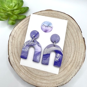 Purple Marble Polymer Clay Earrings, Unique U-Shaped Dangle Earrings