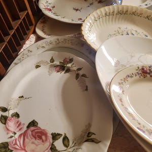 May include: A collection of vintage porcelain plates with floral designs. The plates feature various shapes and sizes, with delicate patterns of roses, wildflowers, and other botanical elements in shades of pink, blue, and yellow. Some plates have gold rims.