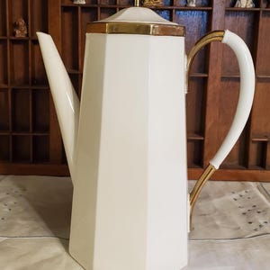 Vintage Extra Tall Ceramic Teapot White with Gold Trim made in USA