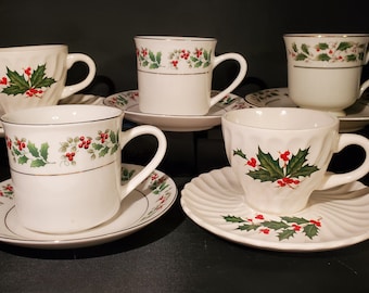 5 Festive Vintage Mismatched Cups and Saucers (10 pieces)