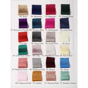 May include: A color chart featuring fabric swatches in various shades. Colors include Beige, Blueberry, Magenta, Forest Green, Bossanova Purple, Prussian Blue, Bubblegum, Deep Navy, Chili, Deep Grey, Stone Grey, Ivory, Christmas Green, Lilac, Mushroom Grey, Pale Yellow, Bergonia Pink, Elephant Grey, Raisin, Azure, Dogwood Pink, Amber, Tuscany Pink, and Bamboo Green.
