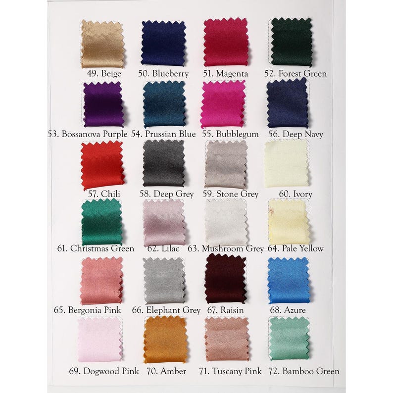 May include: A color chart featuring fabric swatches in various shades. Colors include Beige, Blueberry, Magenta, Forest Green, Bossanova Purple, Prussian Blue, Bubblegum, Deep Navy, Chili, Deep Grey, Stone Grey, Ivory, Christmas Green, Lilac, Mushroom Grey, Pale Yellow, Bergonia Pink, Elephant Grey, Raisin, Azure, Dogwood Pink, Amber, Tuscany Pink, and Bamboo Green.
