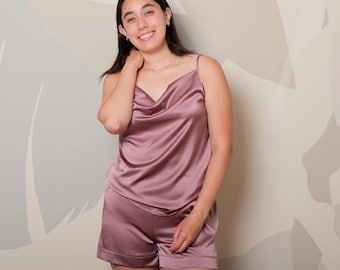Rosewood Pure Mulberry Silk Cowl Neck Camisole | High Waist Shorts | Lingerie Set | Spaghetti Strap | Bridesmaids Gift | Soar Collection