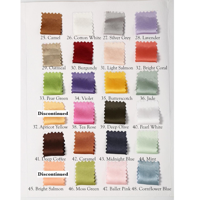May include: A color chart featuring fabric swatches in various shades. Colors include Camel, Cotton White, Silver Grey, Lavender, Oatmeal, Burgundy, Light Salmon, Bright Coral, Pear Green, Violet, Butterscotch, Jade, Apricot Yellow, Tea Rose, Deep Olive, Pearl White, Deep Coffee, Caramel, Midnight Blue, Mint, Bright Salmon, Moss Green, Ballet Pink, and Cornflower Blue.