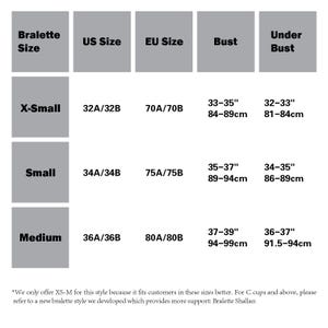 May include: A size chart for a bralette, with sizes ranging from X-Small to Medium. The chart includes US and EU sizes, bust measurements in inches and centimeters, and underbust measurements in inches and centimeters. The text also mentions a different bralette style.