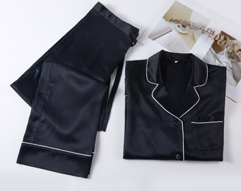 Conjunto de pijama unisex de manga larga de pura seda negro