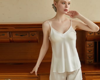 Pearl White Pure Mulberry Silk Camisole and Scalloped Shorts Set | 19 Momme Silk Charmeuse