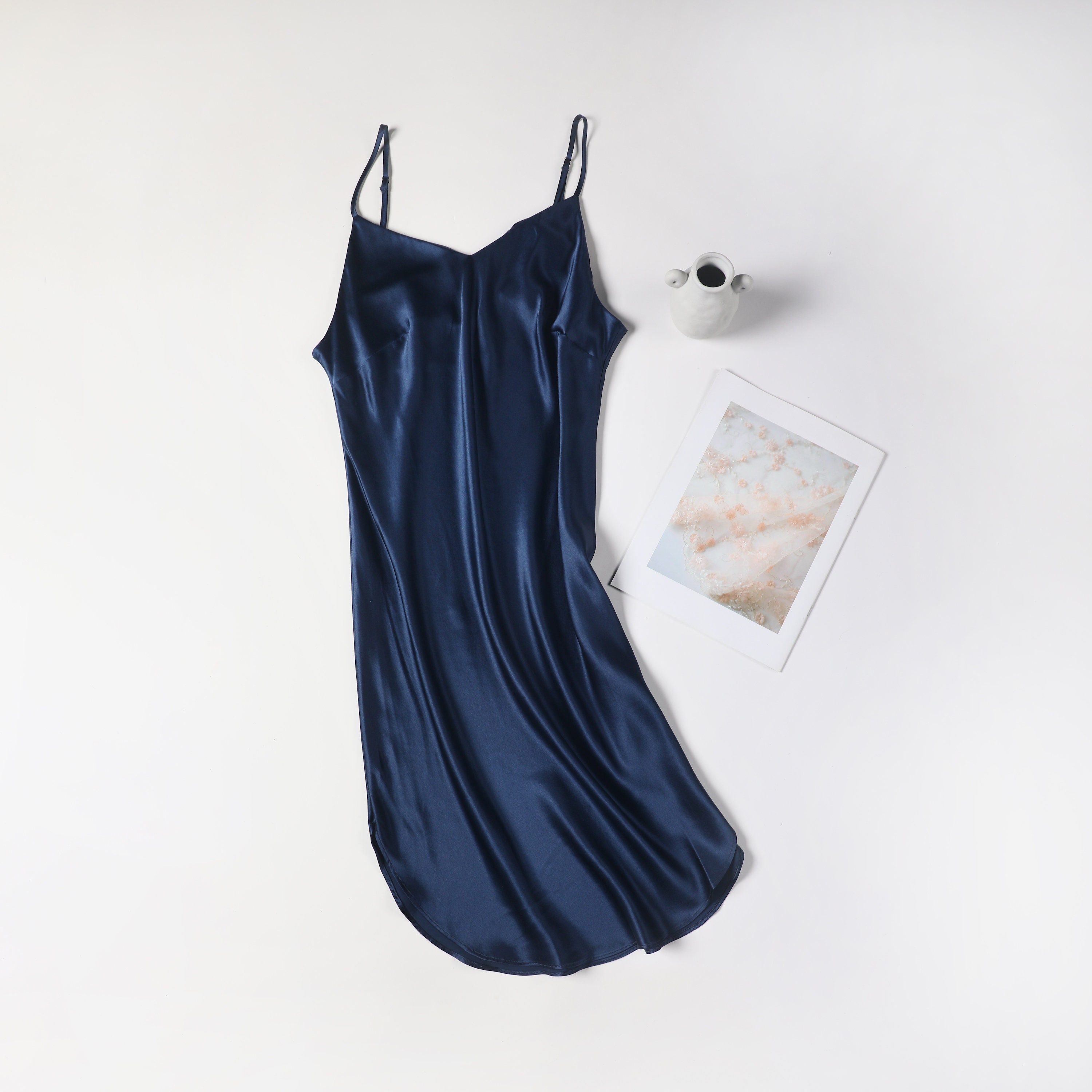 River Nymph Navy Pure Silk Slip Dress Knee Length With Adjustable