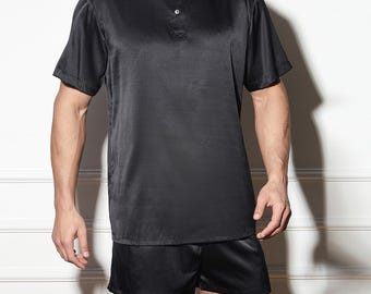 Camiseta de hombre de seda de morera pura personalizada / Cuello Henley, manga corta y corte holgado / 19 momme / Colección Soar