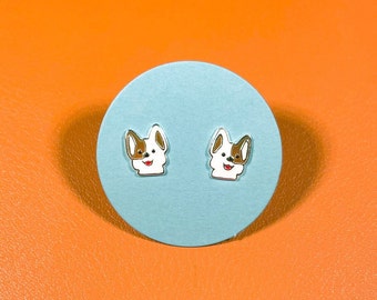 Ego Mos, Confetti for Monday, Cute Animal Sterling Silver 925 Enamel Stud Earrings, Puppy Dog Corgi Terrier