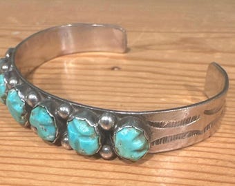 Vintage 1930-50s Southwestern  Silver & Turquoise Cuff Bracelet - Seven Carved Stones