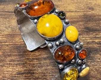 Vintage Southwestern American Sterling Silver & Amber Cuff - UV Reactive