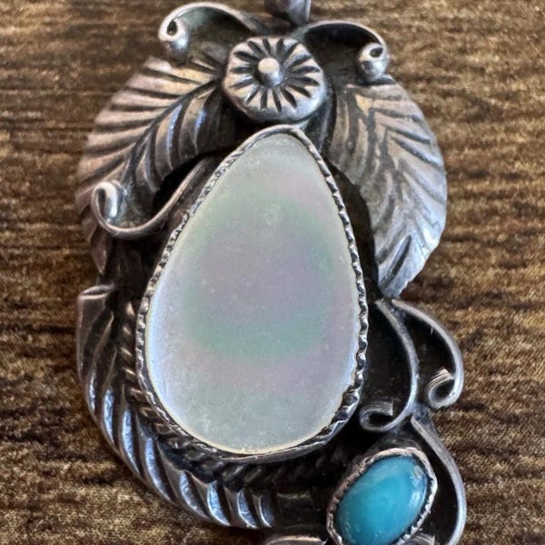 Sterling Silver Mother Of Pearl Turquoise Necklace Pendant - Vintage Southwestern, Signed Toney