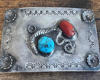 Southwestern Sterling Silver Turquoise Coral Snake Belt Buckle - Vintage Fred Harvey / Trading Post Era