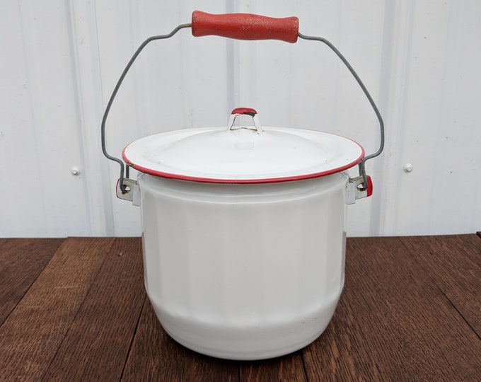 White Enamelware Bucket Antique Enamelware Pail With Lid Etsy